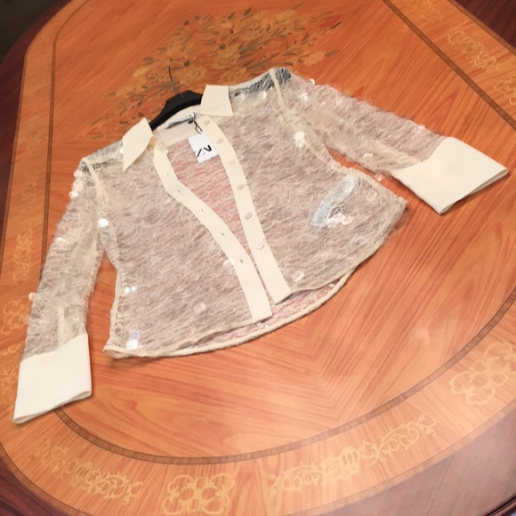 Zara Sequin Button Down semi sheer Cream Shirt Top sz.M - Picture 9 of 16